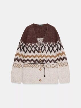 Zara Brown Ivory Patterned Knit Oversized Cardigan